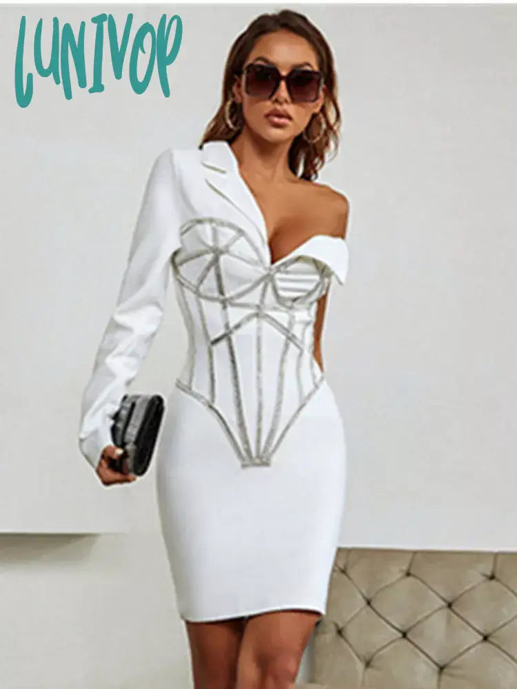 Lunivop Winter Sexy Long Sleeve Single Beading Sparkly White Mini Women Bodycon Bandage Dress