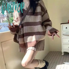 Lunivop Winter Spring V Neck Striped Sweater For Men Women Loose Baggy Knitted Jumper Vintage