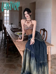 Lunivop Winter Vintage Denim Skirt Women Patchwork Irregular Fishtail Y2K Skirts Female Casual