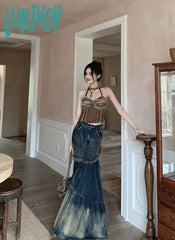 Lunivop Winter Vintage Denim Skirt Women Patchwork Irregular Fishtail Y2K Skirts Female Casual