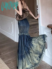 Lunivop Winter Vintage Denim Skirt Women Patchwork Irregular Fishtail Y2K Skirts Female Casual