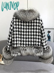 Lunivop Winter Women’s Scarf Shawl Knitted Warm Batwing Cape Fox Faux Fur Collar Leather Jacket