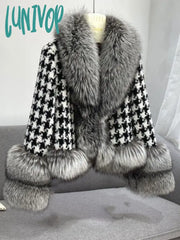 Lunivop Winter Women’s Scarf Shawl Knitted Warm Batwing Cape Fox Faux Fur Collar Leather Jacket