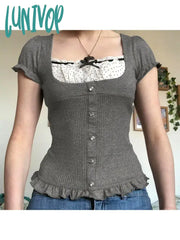 Lunivop Woman Aesthetics Crochet Top Japanese Fashion Crop 90S T-Shirts Tees Cute Core Gyaru Sexy