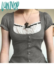 Lunivop Woman Aesthetics Crochet Top Japanese Fashion Crop 90S T-Shirts Tees Cute Core Gyaru Sexy