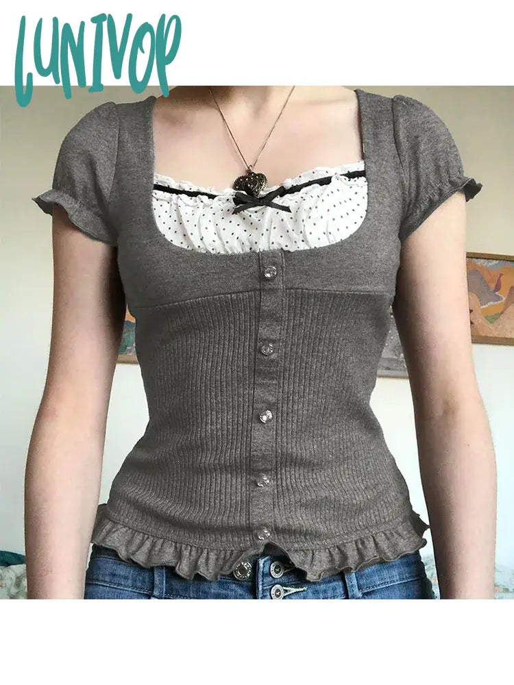 Lunivop Woman Aesthetics Crochet Top Japanese Fashion Crop 90S T-Shirts Tees Cute Core Gyaru Sexy