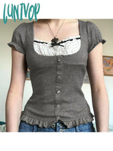 Lunivop Woman Aesthetics Crochet Top Japanese Fashion Crop 90S T-Shirts Tees Cute Core Gyaru Sexy