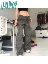 Lunivop Woman All-Match Jeans Streetwear Denim Vintage Pants Casual Cargo Multiple Pockets Tunic