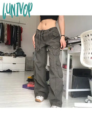 Lunivop Woman All-Match Jeans Streetwear Denim Vintage Pants Casual Cargo Multiple Pockets Tunic