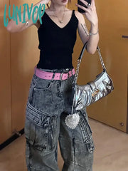 Lunivop Woman Baggy Jeans High Waist Denim Wide Leg Pants Gradient Color Pockets Cozy Casual