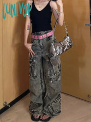 Lunivop Woman Baggy Jeans High Waist Denim Wide Leg Pants Gradient Color Pockets Cozy Casual