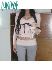 Lunivop Woman Ballet Core T-Shirts Cute Tees Knit Crop Top V Neck Crochet Long Sleeve Korean Chic