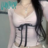 Lunivop Woman Ballet Core T-Shirts Cute Tees Knit Crop Top V Neck Crochet Long Sleeve Korean Chic