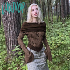 Lunivop Woman Cashmere T-Shirts Lace Crochet Jacquard Top Slash Neck Crop Long Sleeve Tees Vintage