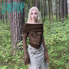 Lunivop Woman Cashmere T-Shirts Lace Crochet Jacquard Top Slash Neck Crop Long Sleeve Tees Vintage