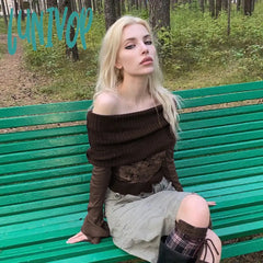 Lunivop Woman Cashmere T-Shirts Lace Crochet Jacquard Top Slash Neck Crop Long Sleeve Tees Vintage