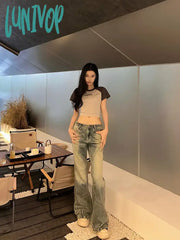 Lunivop Woman Casual Jeans Tight Bodycon Denim Straight Leg Tie-Dyed Pants Sweet All-Match Clubwear