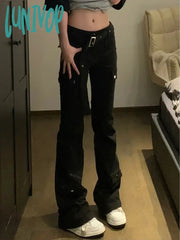 Lunivop Woman Casual Stretch Jeans Low Waist Denim Floor-Length Multiple Pockets Dark Academia