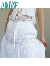 Lunivop Woman Chiffon Pleated Gauze Skirt Baggy A-Line Low Waist Solid Color Maxi Elegant Korean