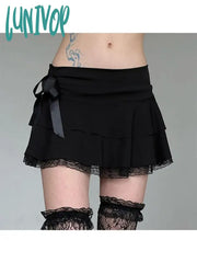 Lunivop Woman Chiffon Skirt Casual Pleated Low Waist Elastic A-Line Lace Up Mini Fashion Elegant