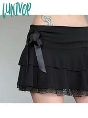 Lunivop Woman Chiffon Skirt Casual Pleated Low Waist Elastic A-Line Lace Up Mini Fashion Elegant