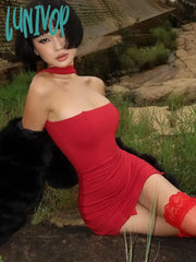 Lunivop Woman Clothes Halter Slash Neck Mini Wrap Dress Fashion Sexy Sleeveless Hollow Out Bodycon