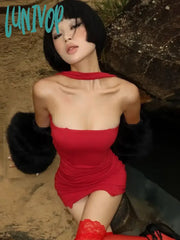 Lunivop Woman Clothes Halter Slash Neck Mini Wrap Dress Fashion Sexy Sleeveless Hollow Out Bodycon