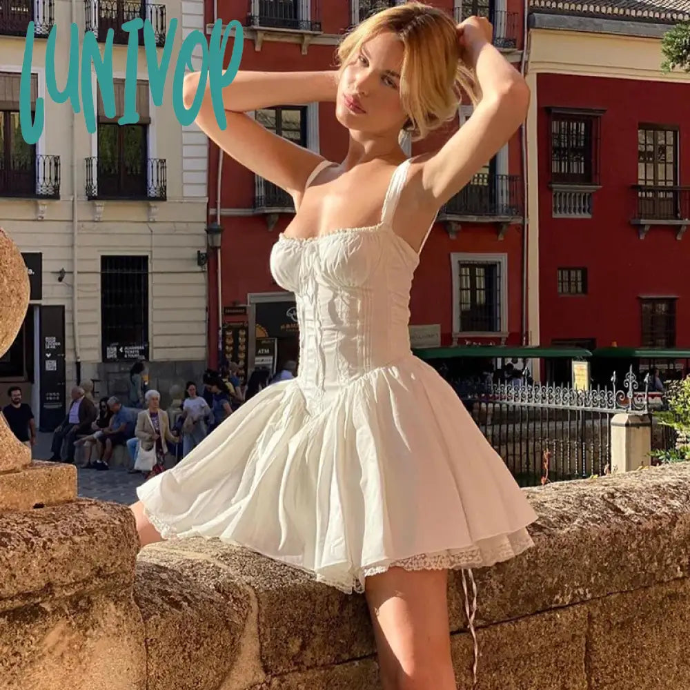 Lunivop Woman Cotton Linen Spaghetti Jacquard Strap Dress Square Neck Corset Off Shoulder One-Piece