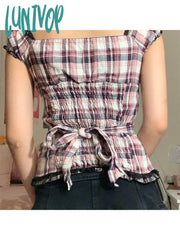 Lunivop Woman Cotton Mesh Square Neck T-Shirts Short Sleeve Pleated Crop Plaid Tees Patchwork