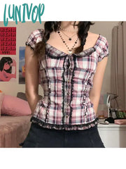 Lunivop Woman Cotton Mesh Square Neck T-Shirts Short Sleeve Pleated Crop Plaid Tees Patchwork