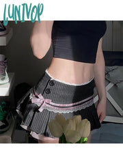 Lunivop Woman Cotton Skirt Lace Pleated Tight Bodycon Low Waist A-Line Knee Length Patchwork Korean