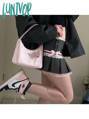 Lunivop Woman Cotton Skirt Lace Pleated Tight Bodycon Low Waist A-Line Knee Length Patchwork Korean