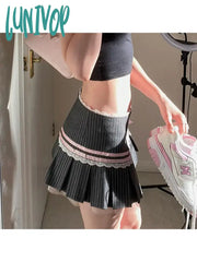 Lunivop Woman Cotton Skirt Lace Pleated Tight Bodycon Low Waist A-Line Knee Length Patchwork Korean