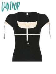 Lunivop Woman Cute Core T-Shirts Ballet Crochet Dark Academia Top New Trend Tops Coquette Tees