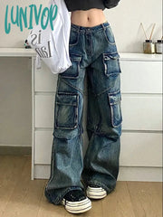 Lunivop Woman Denim Casual Low Waist Wide Leg Tie-Dyed Floor-Length Multiple Pockets New Design