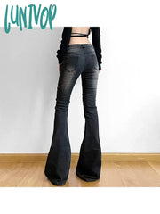Lunivop Woman Denim Jeans Casual Loose Pants Low Waist Trousers Gradient Color Bell Bottoms Dark