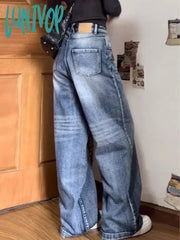 Lunivop Woman Denim Loose Casual Baggy Thin High Waist Wide Leg Floor-Length Wash Pockets Button