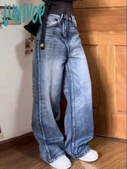 Lunivop Woman Denim Loose Casual Baggy Thin High Waist Wide Leg Floor-Length Wash Pockets Button