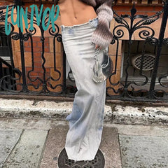 Lunivop Woman Denim Maxi Slim A-Line Low Waist Skirt Tie-Dyed Pleated Wash Tassels Slit Basic