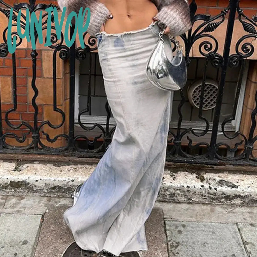 Lunivop Woman Denim Maxi Slim A-Line Low Waist Skirt Tie-Dyed Pleated Wash Tassels Slit Basic