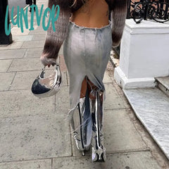 Lunivop Woman Denim Maxi Slim A-Line Low Waist Skirt Tie-Dyed Pleated Wash Tassels Slit Basic