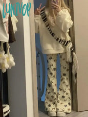 Lunivop Woman Fairy Core Bell Bottoms Pants Cute Flared New Trend Jeans Aesthetics Japanese Fashion