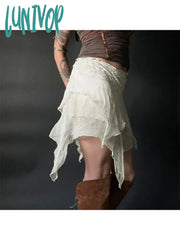 Lunivop Woman Gauze Mini Loose Pleated Low Waist Skirt Knee Length A-Line Asymmetrical Korean Chic