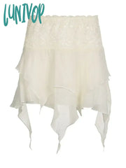 Lunivop Woman Gauze Mini Loose Pleated Low Waist Skirt Knee Length A-Line Asymmetrical Korean Chic
