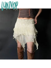 Lunivop Woman Gauze Mini Loose Pleated Low Waist Skirt Knee Length A-Line Asymmetrical Korean Chic