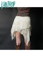 Lunivop Woman Gauze Mini Loose Pleated Low Waist Skirt Knee Length A-Line Asymmetrical Korean Chic