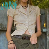 Lunivop Woman Gyaru T-Shirts Mori Girl Mesh Tees Office Lady Crochet Y2K Crop Tops All-Match