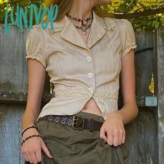 Lunivop Woman Gyaru T-Shirts Mori Girl Mesh Tees Office Lady Crochet Y2K Crop Tops All-Match