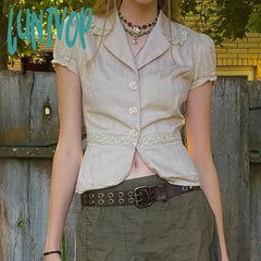 Lunivop Woman Gyaru T-Shirts Mori Girl Mesh Tees Office Lady Crochet Y2K Crop Tops All-Match