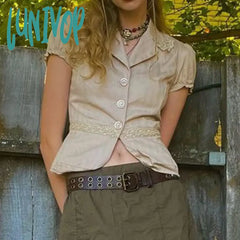 Lunivop Woman Gyaru T-Shirts Mori Girl Mesh Tees Office Lady Crochet Y2K Crop Tops All-Match